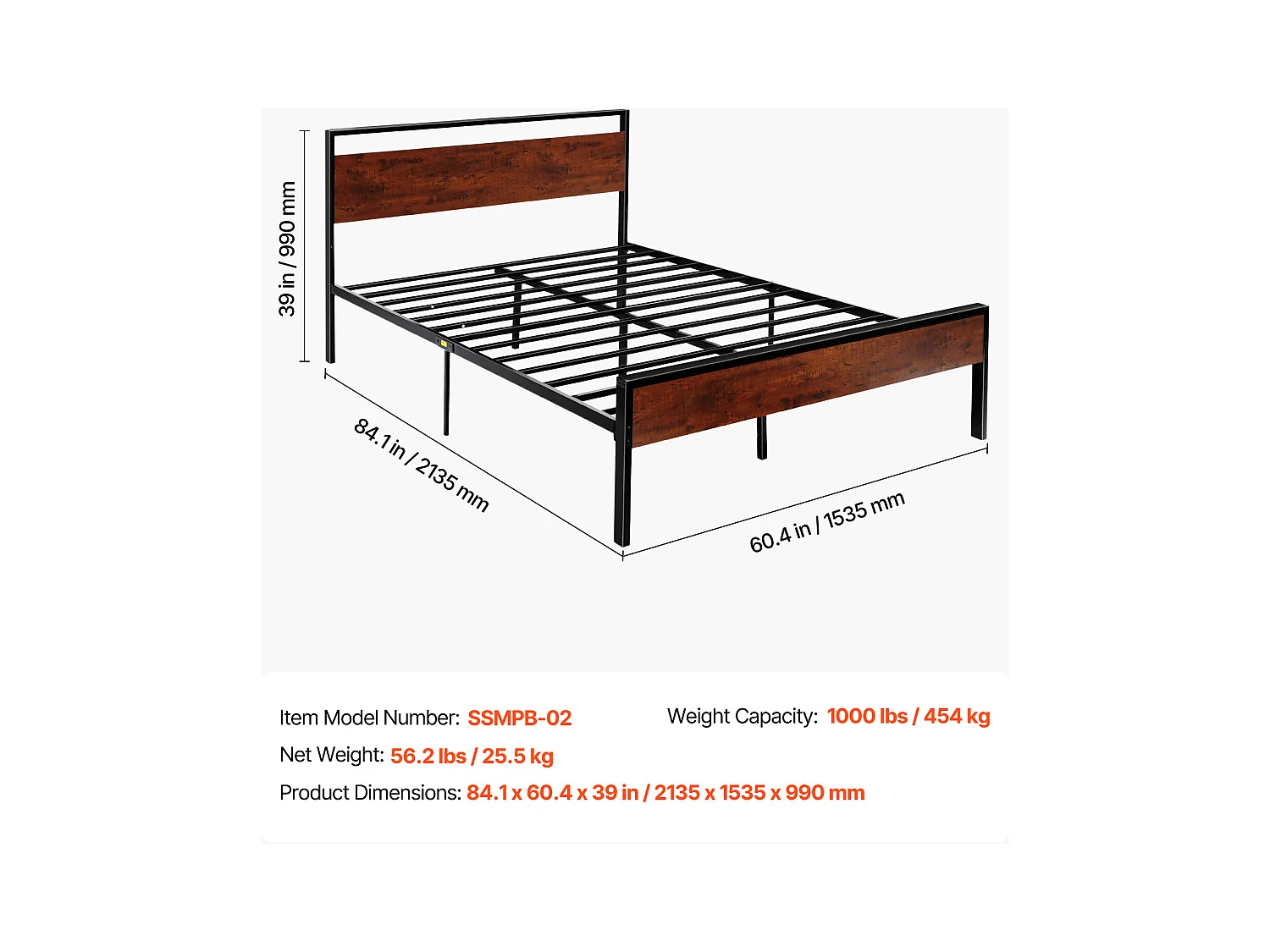 Rama Łóżka SucceBuy Queen Size, Stelaż Łóżka Platformowego z Czarnego Metalu, Prześwit 31 cm, z Wezgłowiem i Stopami z Retro Brązowego Drewna