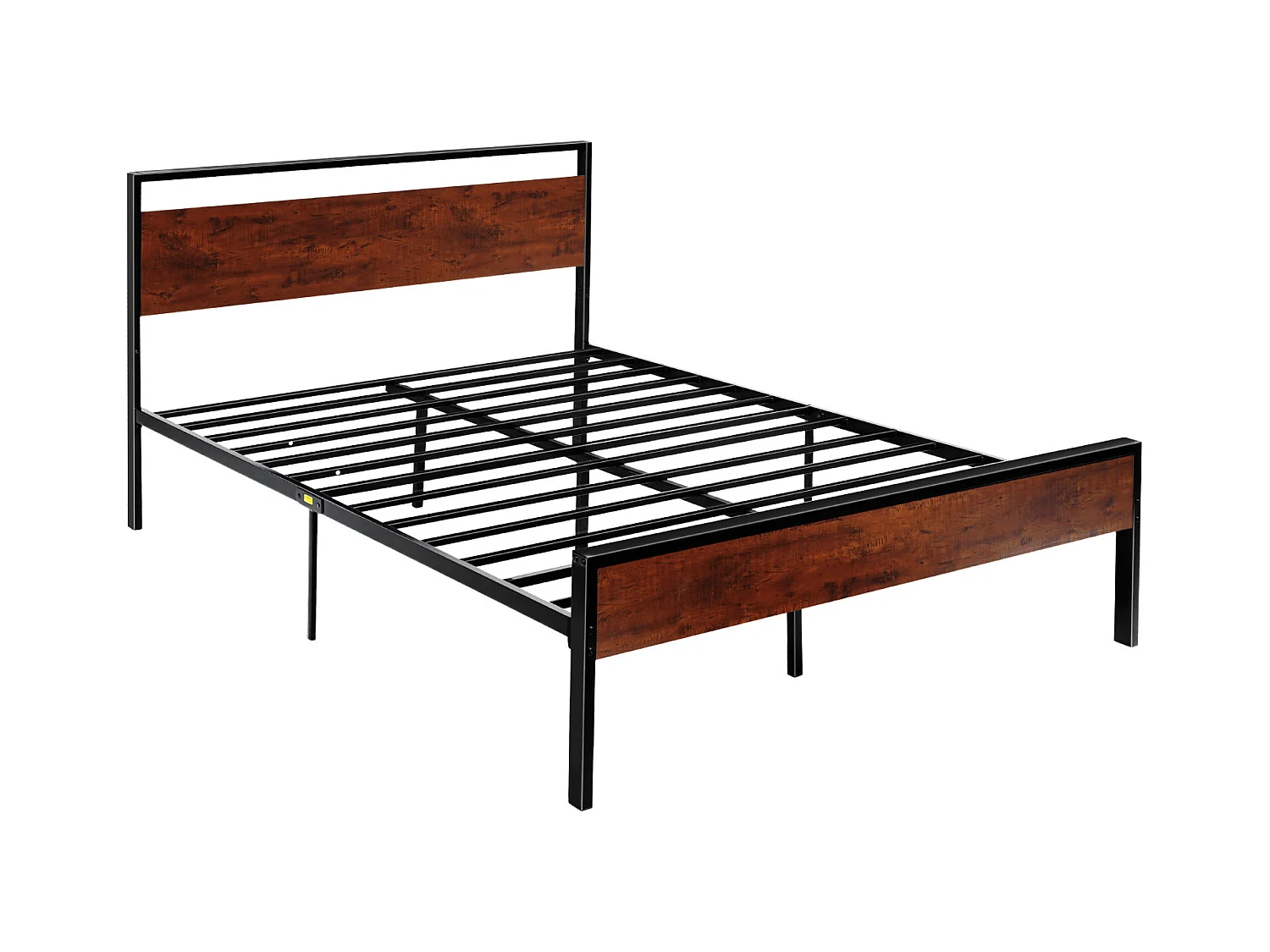 Rama Łóżka SucceBuy Queen Size, Stelaż Łóżka Platformowego z Czarnego Metalu, Prześwit 31 cm, z Wezgłowiem i Stopami z Retro Brązowego Drewna