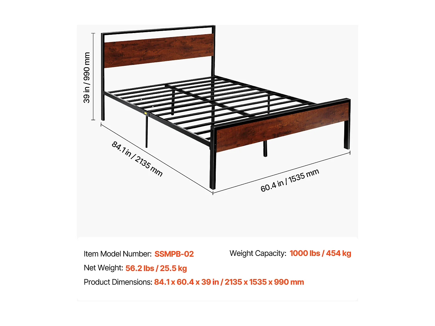 Rama Łóżka SucceBuy Queen Size, Stelaż Łóżka Platformowego z Czarnego Metalu, Prześwit 31 cm, z Wezgłowiem i Stopami z Retro Brązowego Drewna
