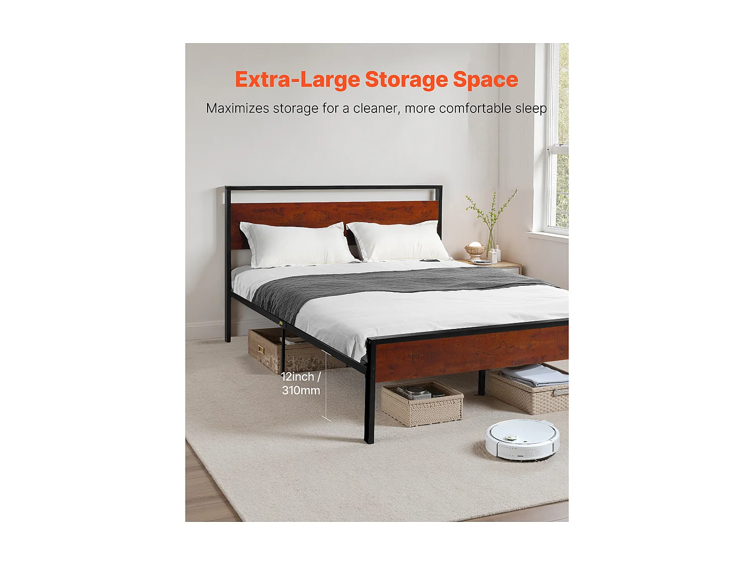 Rama Łóżka SucceBuy Queen Size, Stelaż Łóżka Platformowego z Czarnego Metalu, Prześwit 31 cm, z Wezgłowiem i Stopami z Retro Brązowego Drewna