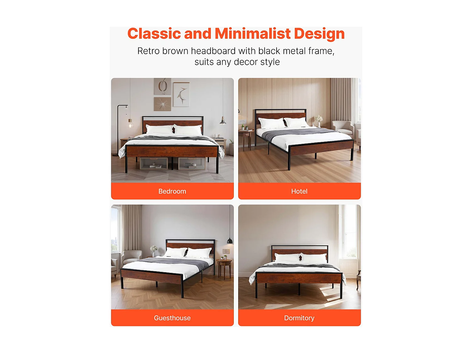 Rama Łóżka SucceBuy Queen Size, Stelaż Łóżka Platformowego z Czarnego Metalu, Prześwit 31 cm, z Wezgłowiem i Stopami z Retro Brązowego Drewna