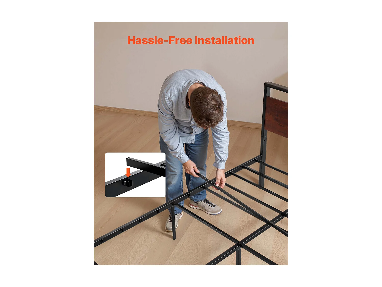 Rama Łóżka SucceBuy Queen Size, Stelaż Łóżka Platformowego z Czarnego Metalu, Prześwit 31 cm, z Wezgłowiem i Stopami z Retro Brązowego Drewna