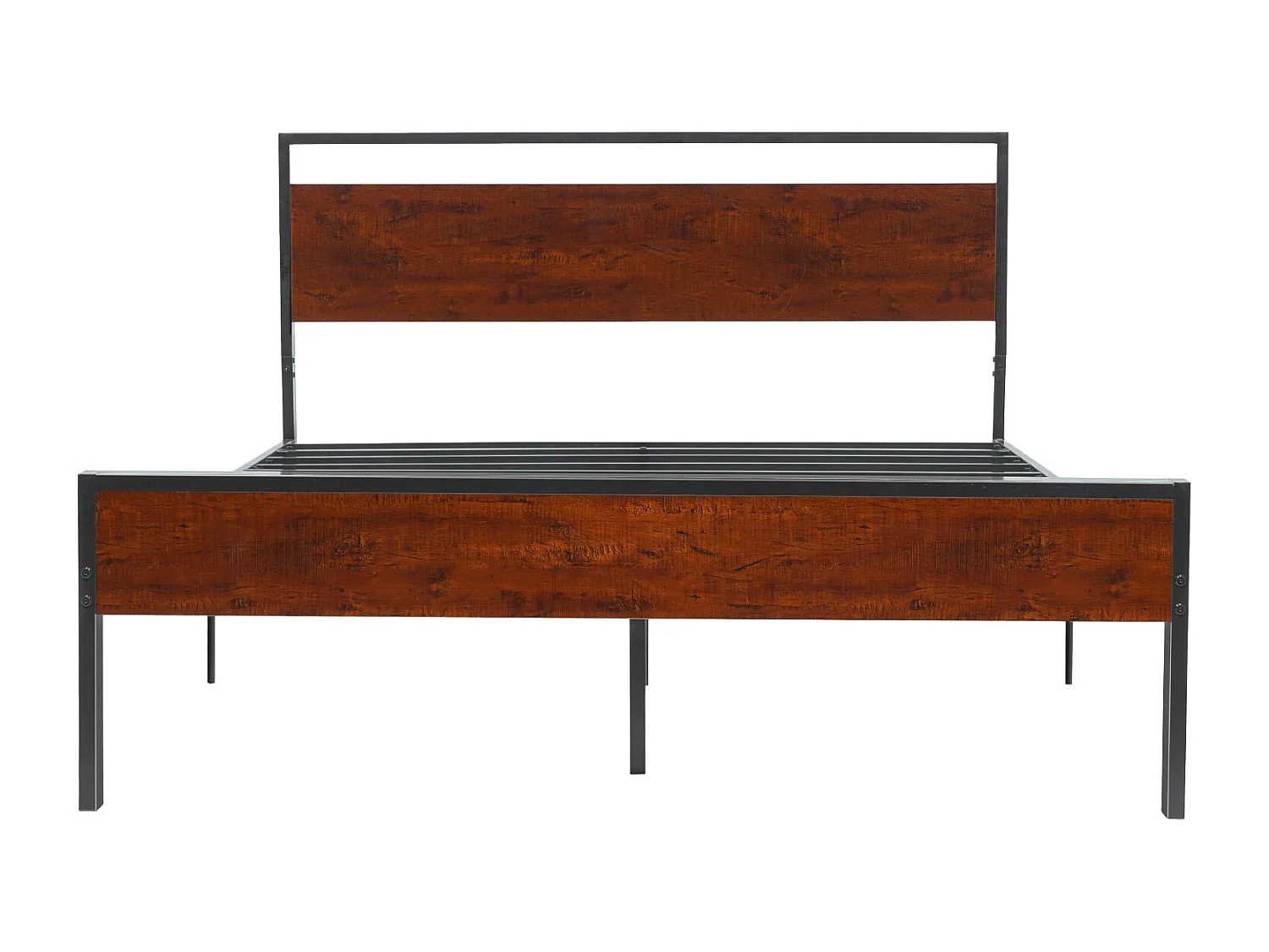 Rama Łóżka SucceBuy Queen Size, Stelaż Łóżka Platformowego z Czarnego Metalu, Prześwit 31 cm, z Wezgłowiem i Stopami z Retro Brązowego Drewna
