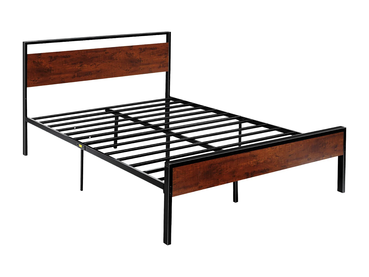 Rama Łóżka SucceBuy Queen Size, Stelaż Łóżka Platformowego z Czarnego Metalu, Prześwit 31 cm, z Wezgłowiem i Stopami z Retro Brązowego Drewna