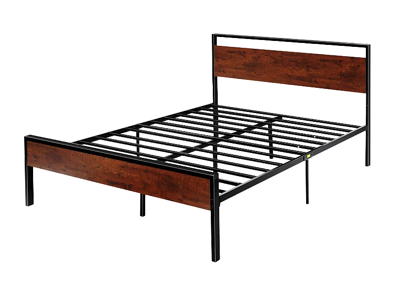 Cadre de Lit SucceBuy Queen Size, Sommier Plateforme en Métal Noir, Espace de 31 cm, avec Tête et Pied en Bois Brun Rétro, Grand Espace de Rangement