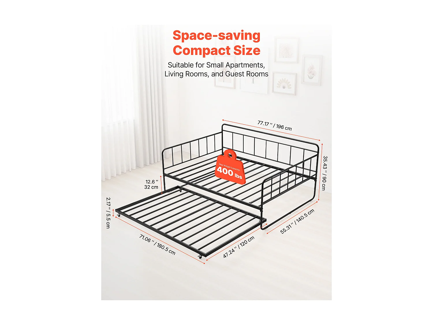Cadre de Lit SucceBuy de Jour en Métal Robuste, Grand Lit Gigogne sans Matelas, avec Roulettes et Support à Lattes Métalliques, Facile à Ranger, Noir