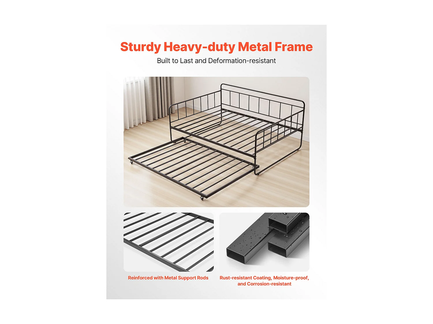 Cadre de Lit SucceBuy de Jour en Métal Robuste, Grand Lit Gigogne sans Matelas, avec Roulettes et Support à Lattes Métalliques, Facile à Ranger, Noir