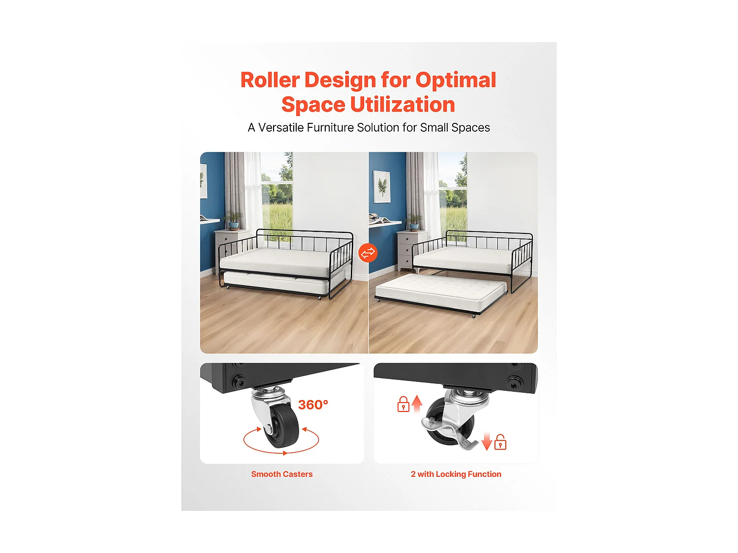 Cadre de Lit SucceBuy de Jour en Métal Robuste, Grand Lit Gigogne sans Matelas, avec Roulettes et Support à Lattes Métalliques, Facile à Ranger, Noir