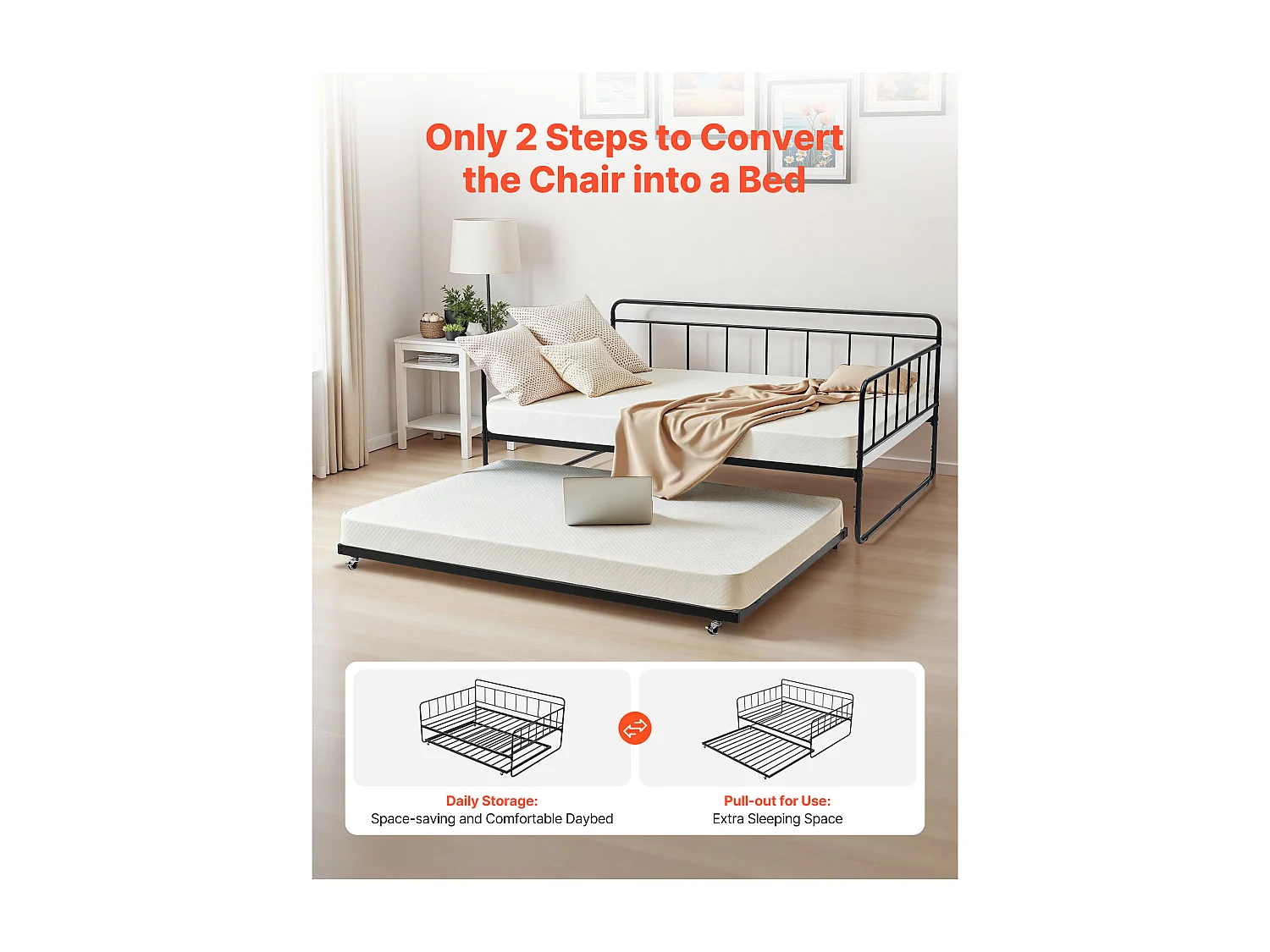 Cadre de Lit SucceBuy de Jour en Métal Robuste, Grand Lit Gigogne sans Matelas, avec Roulettes et Support à Lattes Métalliques, Facile à Ranger, Noir