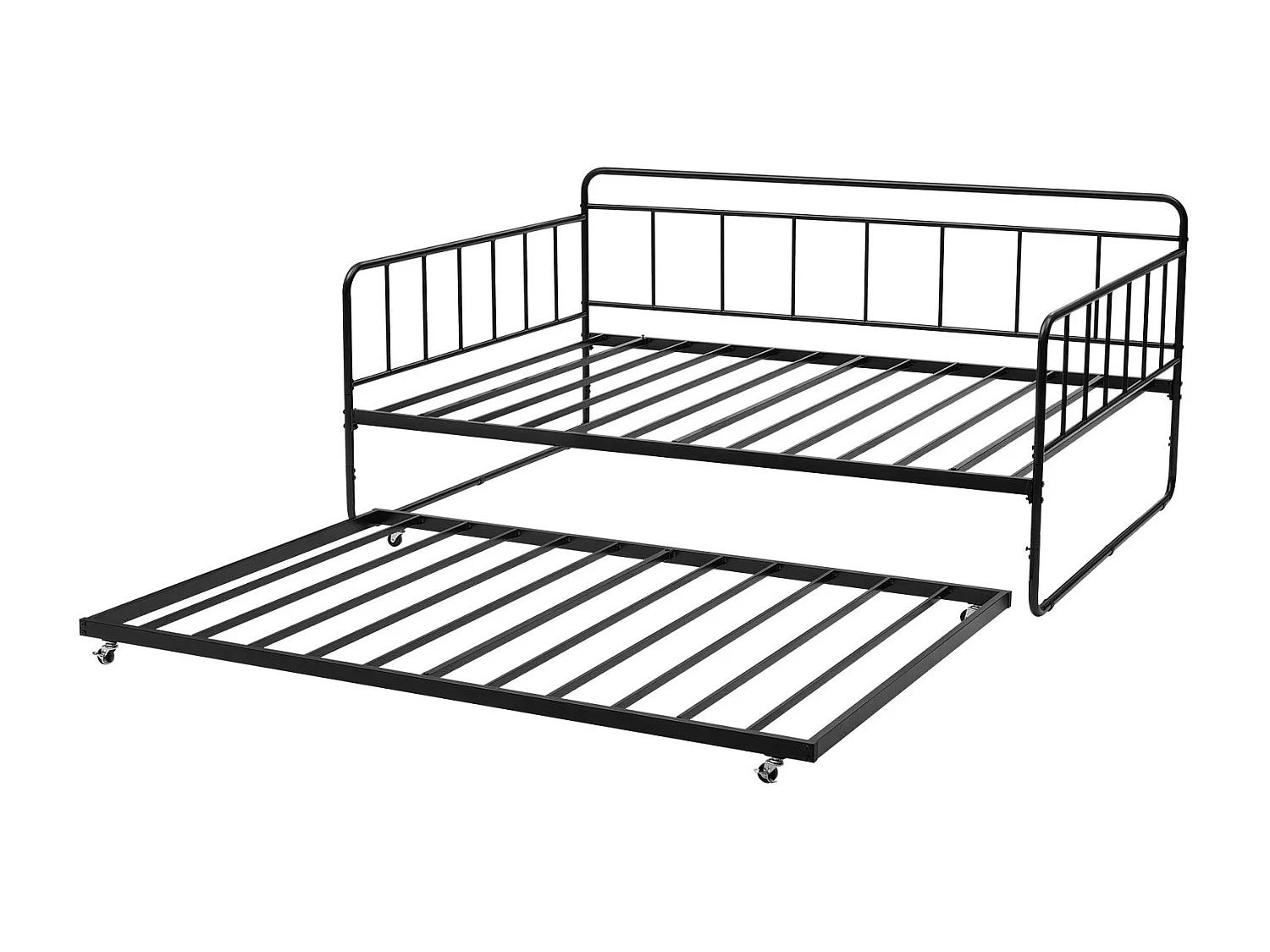 Cadre de Lit SucceBuy de Jour en Métal Robuste, Grand Lit Gigogne sans Matelas, avec Roulettes et Support à Lattes Métalliques, Facile à Ranger, Noir