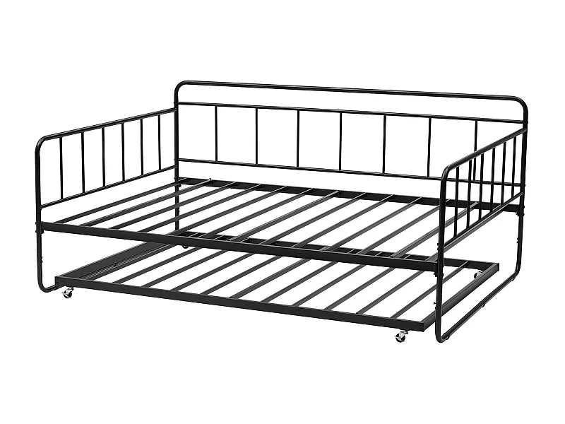 Cadre de Lit SucceBuy de Jour en Métal Robuste, Grand Lit Gigogne sans Matelas, avec Roulettes et Support à Lattes Métalliques, Facile à Ranger, Noir