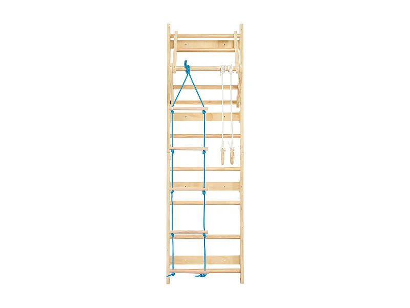 Espaldera de Madera Maciza SucceBuy, Escalera Sueca de Pared a 8 Niveles, Carga 100 kg, Gimnasio de Pared 4-en-1 con Anillos, Barra de Dominadas y Escalera