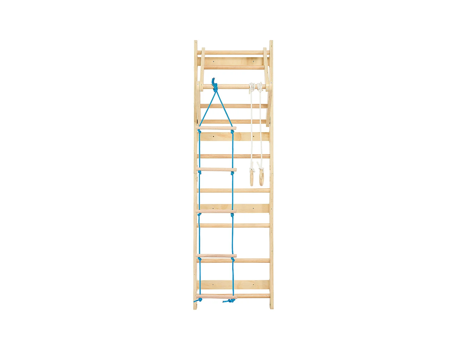 Espaldera de Madera Maciza SucceBuy, Escalera Sueca de Pared a 8 Niveles, Carga 100 kg, Gimnasio de Pared 4-en-1 con Anillos, Barra de Dominadas y Escalera