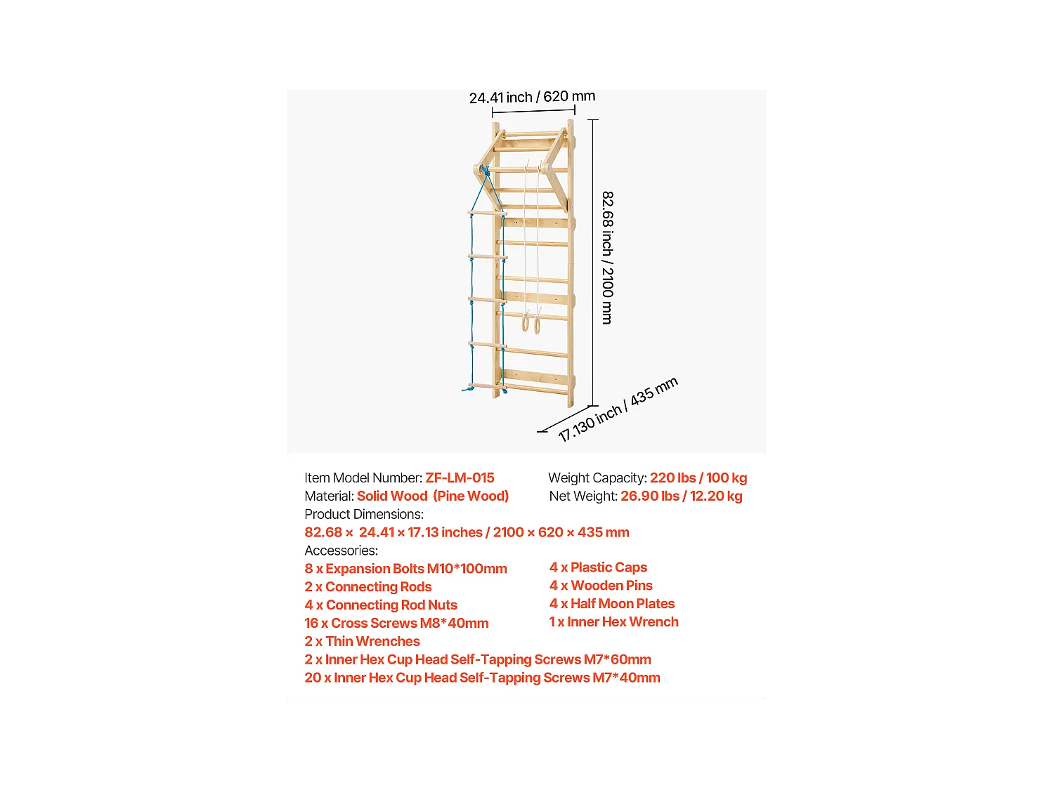 Espaldera de Madera Maciza SucceBuy, Escalera Sueca de Pared a 8 Niveles, Carga 100 kg, Gimnasio de Pared 4-en-1 con Anillos, Barra de Dominadas y Escalera