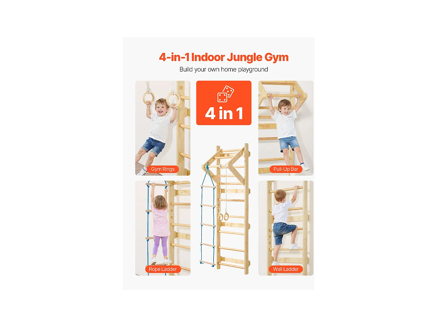 Espaldera de Madera Maciza SucceBuy, Escalera Sueca de Pared a 8 Niveles, Carga 100 kg, Gimnasio de Pared 4-en-1 con Anillos, Barra de Dominadas y Escalera