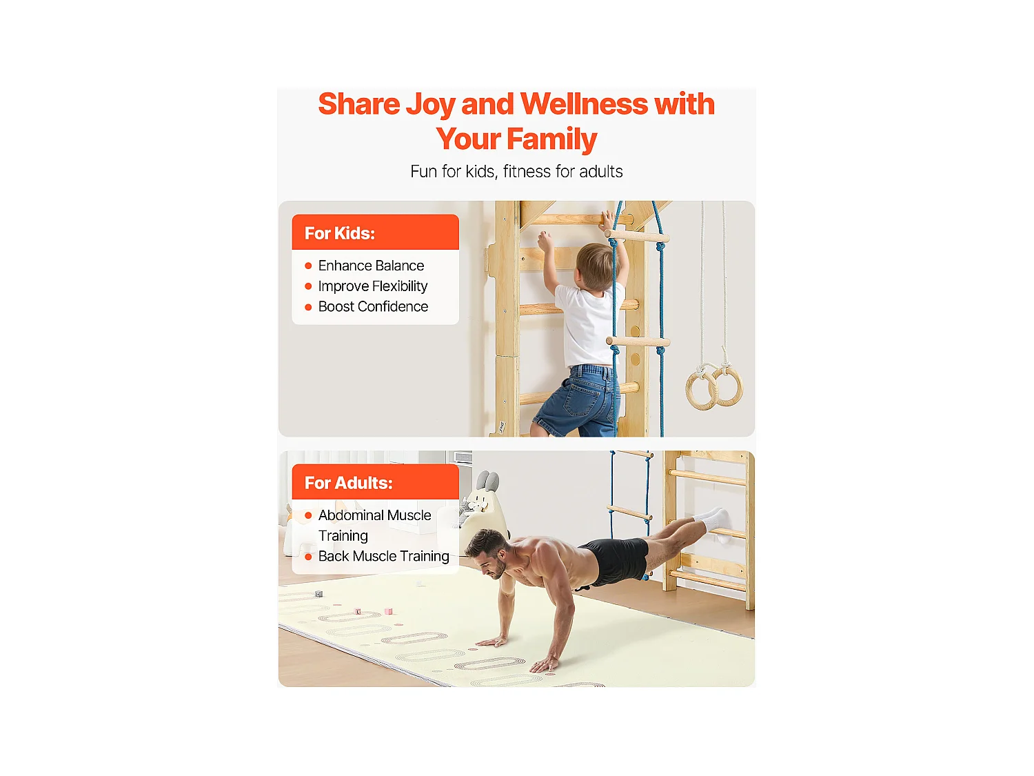 Espaldera de Madera Maciza SucceBuy, Escalera Sueca de Pared a 8 Niveles, Carga 100 kg, Gimnasio de Pared 4-en-1 con Anillos, Barra de Dominadas y Escalera