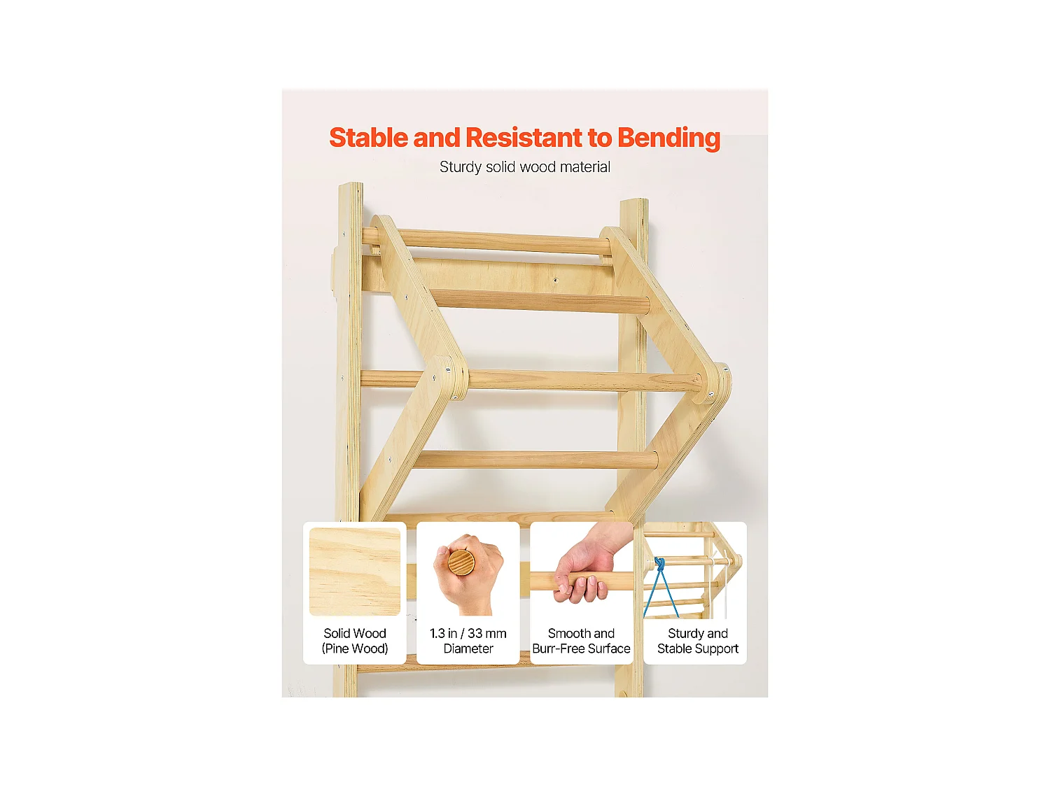 Espaldera de Madera Maciza SucceBuy, Escalera Sueca de Pared a 8 Niveles, Carga 100 kg, Gimnasio de Pared 4-en-1 con Anillos, Barra de Dominadas y Escalera