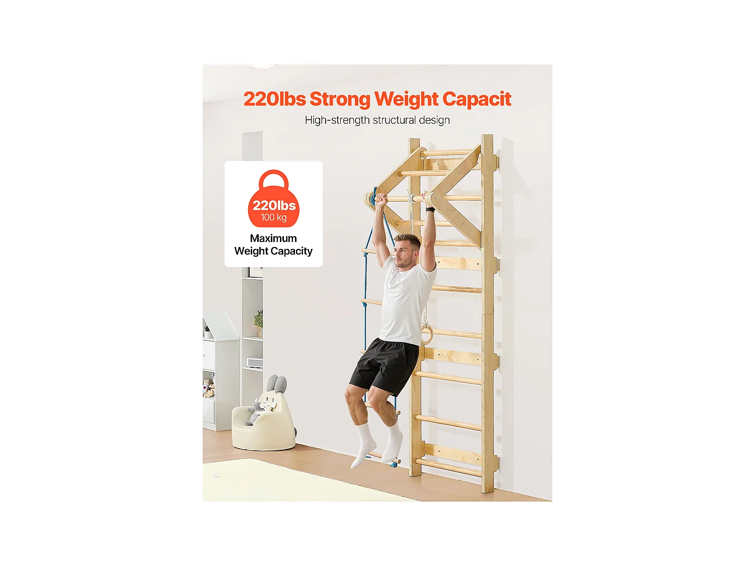 Espaldera de Madera Maciza SucceBuy, Escalera Sueca de Pared a 8 Niveles, Carga 100 kg, Gimnasio de Pared 4-en-1 con Anillos, Barra de Dominadas y Escalera