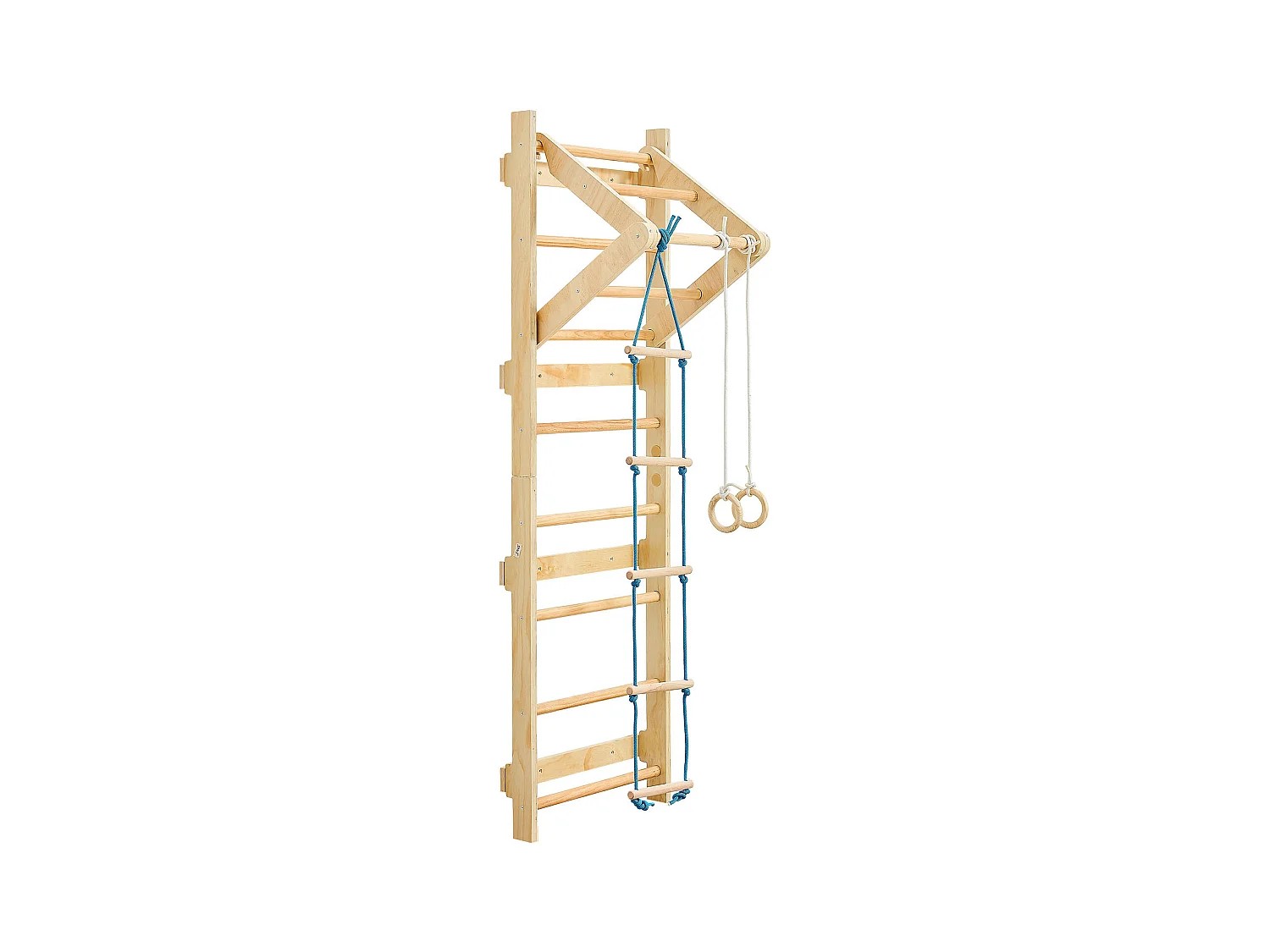 Espaldera de Madera Maciza SucceBuy, Escalera Sueca de Pared a 8 Niveles, Carga 100 kg, Gimnasio de Pared 4-en-1 con Anillos, Barra de Dominadas y Escalera