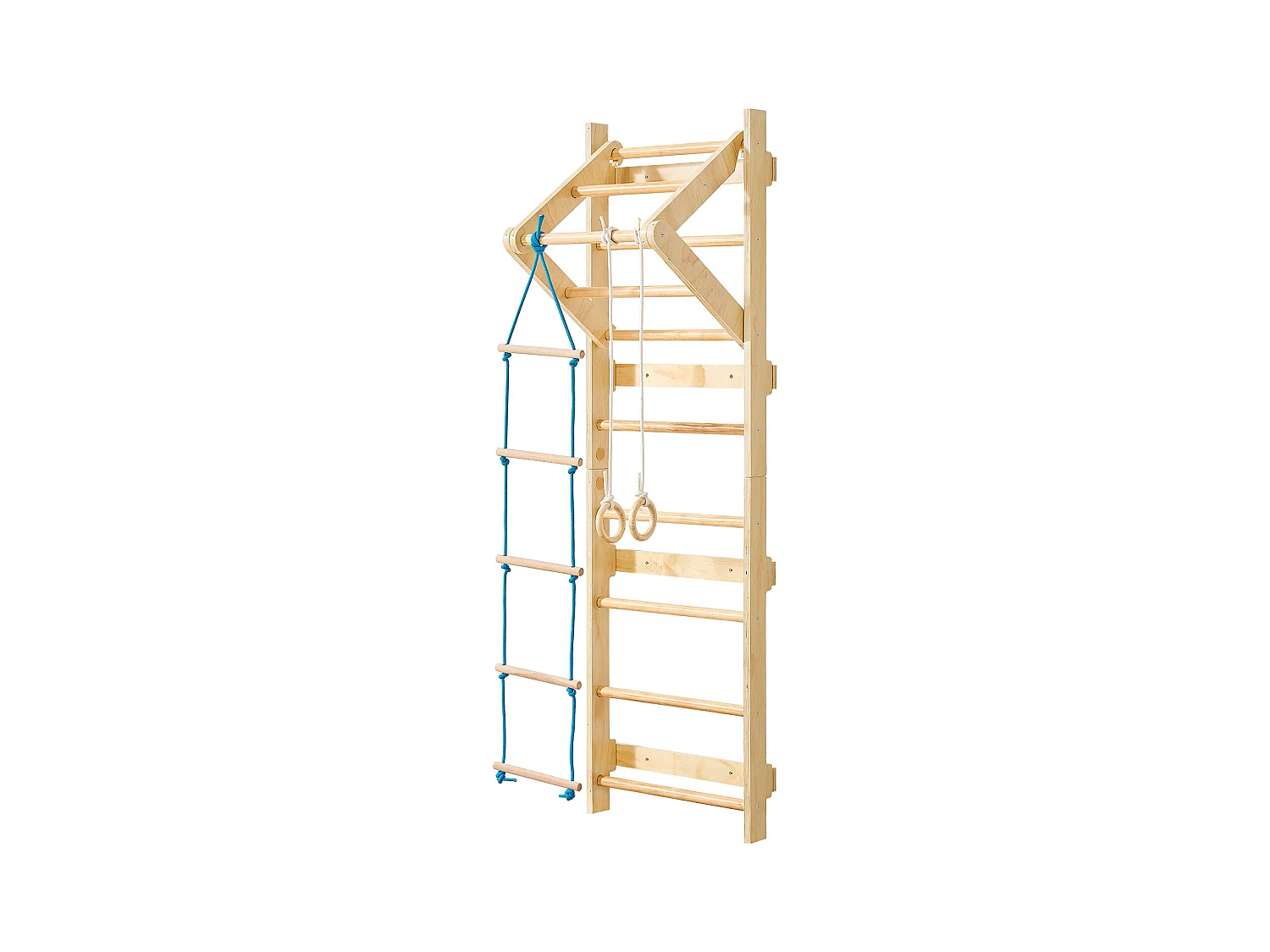 Espaldera de Madera Maciza SucceBuy, Escalera Sueca de Pared a 8 Niveles, Carga 100 kg, Gimnasio de Pared 4-en-1 con Anillos, Barra de Dominadas y Escalera
