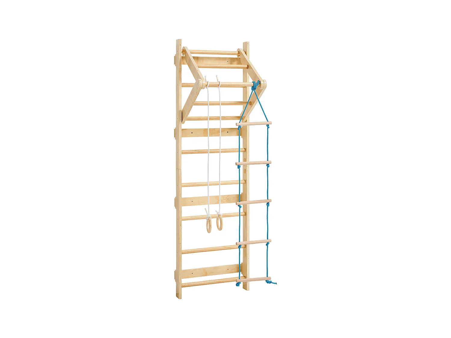 Espaldera de Madera Maciza SucceBuy, Escalera Sueca de Pared a 8 Niveles, Carga 100 kg, Gimnasio de Pared 4-en-1 con Anillos, Barra de Dominadas y Escalera