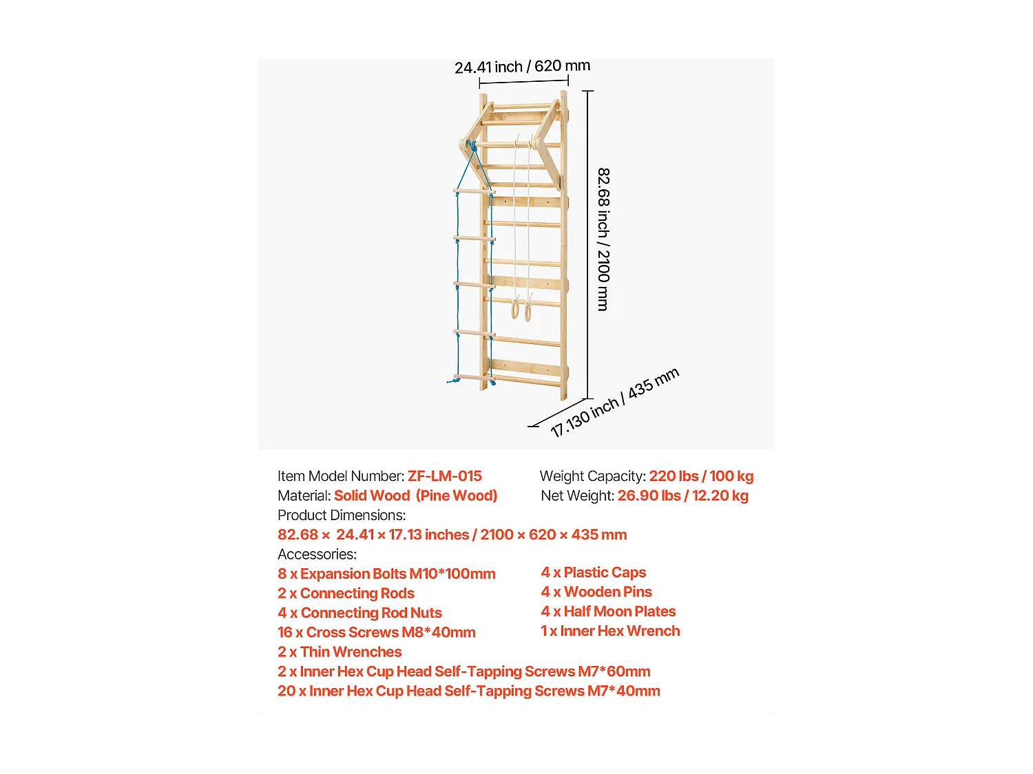 Espalier en Bois Massif SucceBuy, Échelle Suédoise Murale à 8 Niveaux, Charge 100 kg, Gym Mural 4-en-1 avec Anneaux, Barre de Traction et Échelle de Corde
