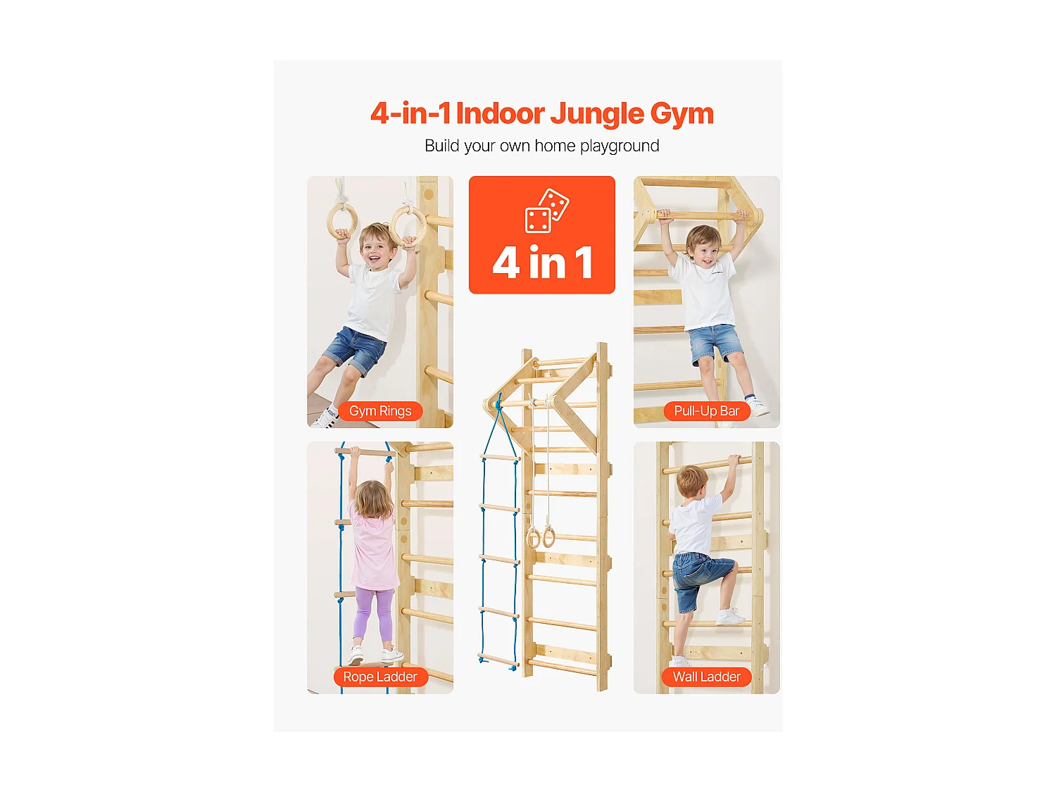 Espalier en Bois Massif SucceBuy, Échelle Suédoise Murale à 8 Niveaux, Charge 100 kg, Gym Mural 4-en-1 avec Anneaux, Barre de Traction et Échelle de Corde