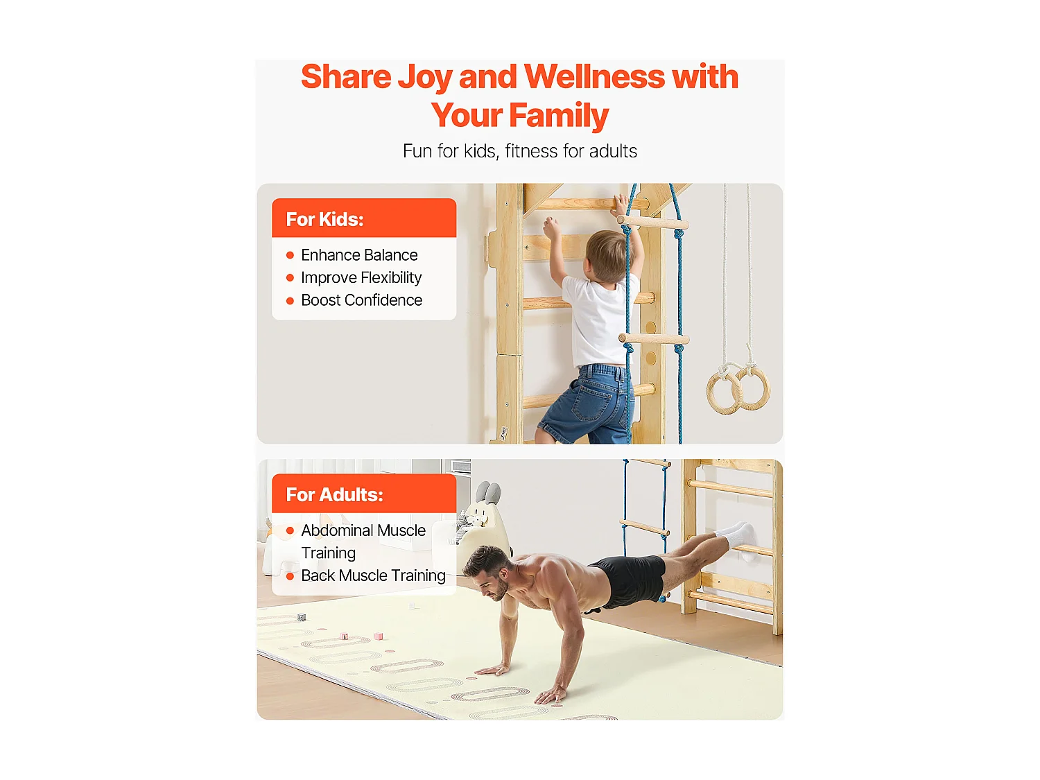 Espalier en Bois Massif SucceBuy, Échelle Suédoise Murale à 8 Niveaux, Charge 100 kg, Gym Mural 4-en-1 avec Anneaux, Barre de Traction et Échelle de Corde