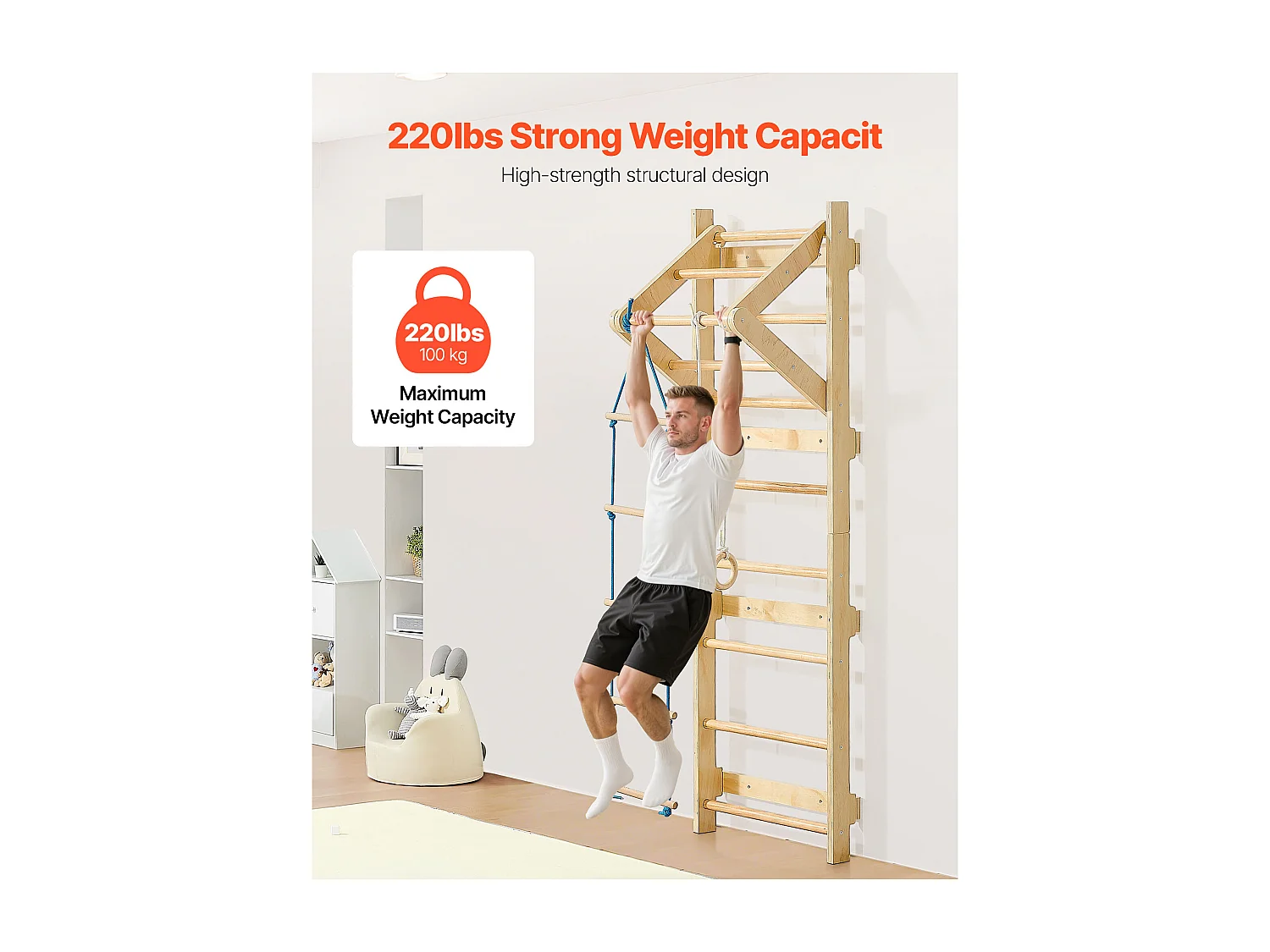 Espalier en Bois Massif SucceBuy, Échelle Suédoise Murale à 8 Niveaux, Charge 100 kg, Gym Mural 4-en-1 avec Anneaux, Barre de Traction et Échelle de Corde