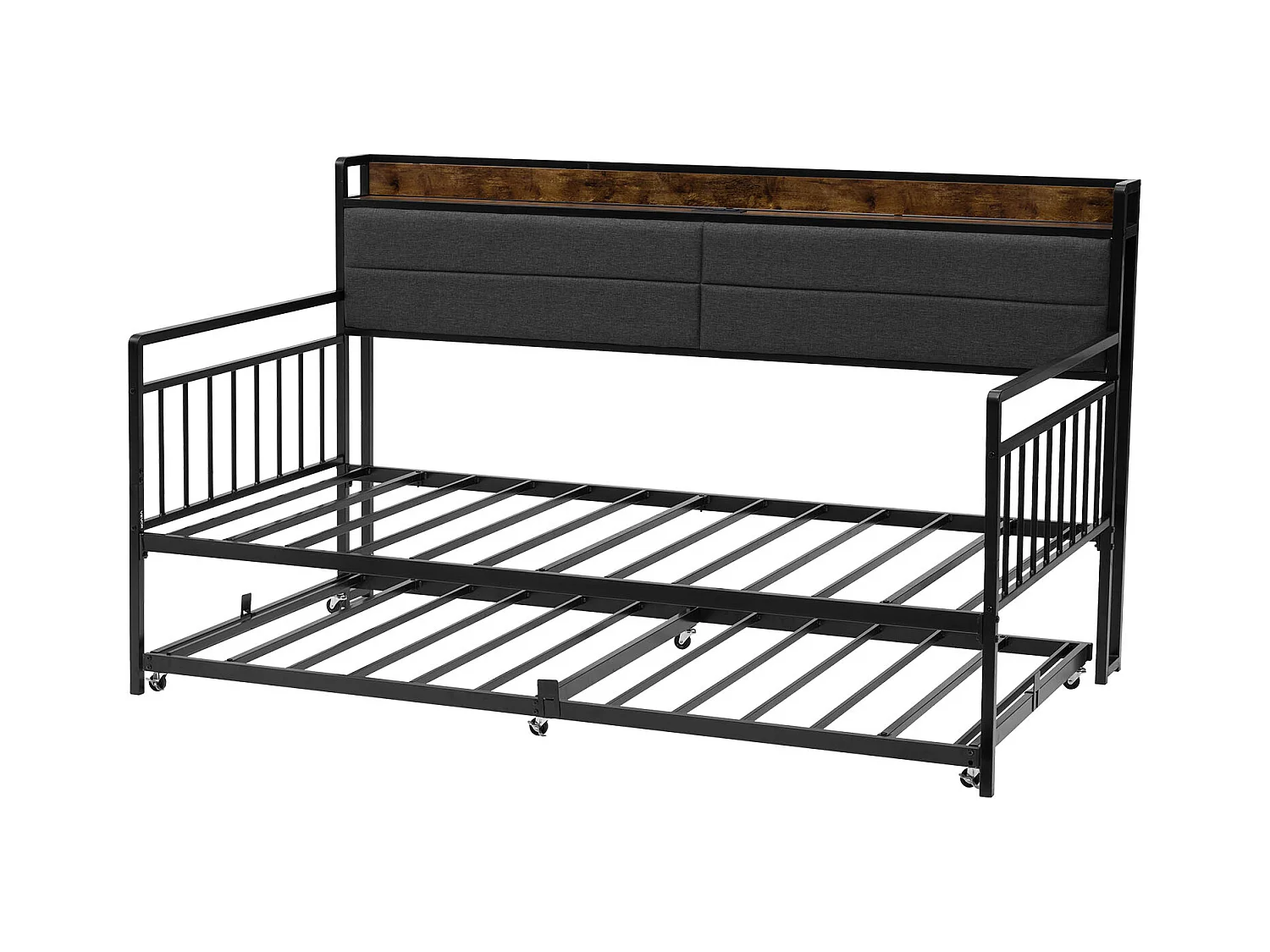 Cadre de Lit SucceBuy de Jour Jumeau en Métal Robuste, Lit Gigogne Jumeau sans Matelas, avec Roues, Station de Charge et Support à Lattes Métalliques