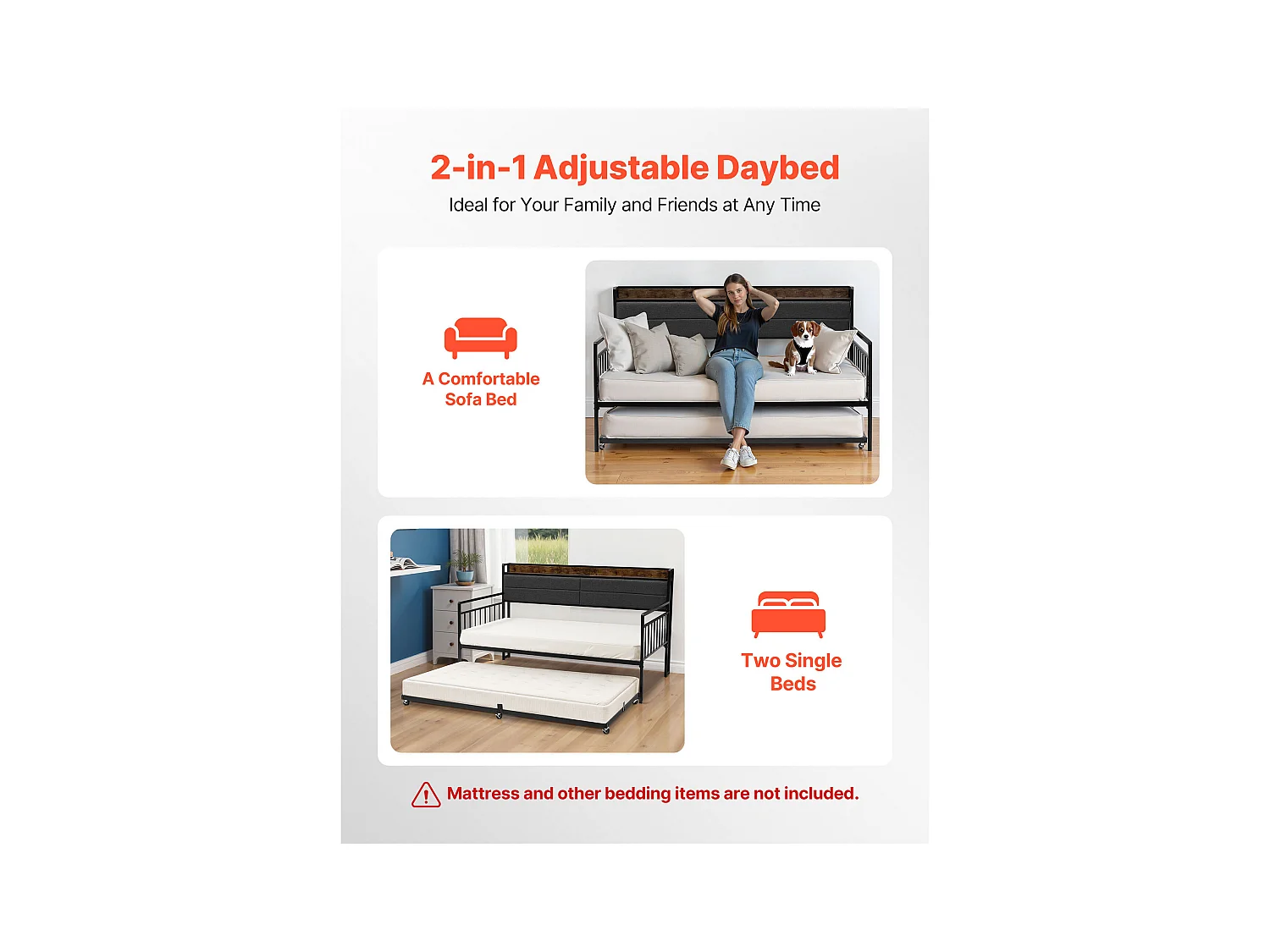 Cadre de Lit SucceBuy de Jour Jumeau en Métal Robuste, Lit Gigogne Jumeau sans Matelas, avec Roues, Station de Charge et Support à Lattes Métalliques