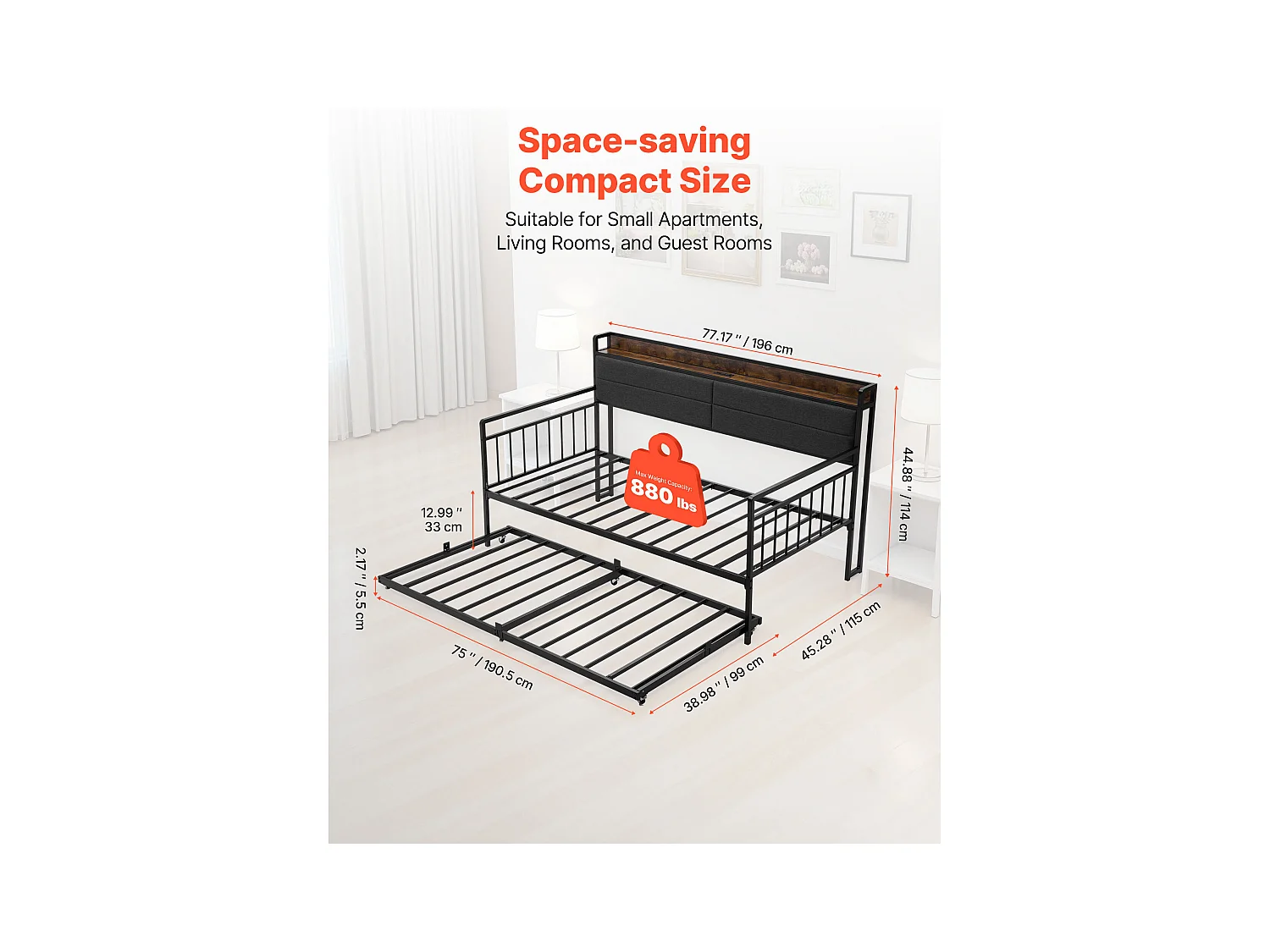 Cadre de Lit SucceBuy de Jour Jumeau en Métal Robuste, Lit Gigogne Jumeau sans Matelas, avec Roues, Station de Charge et Support à Lattes Métalliques