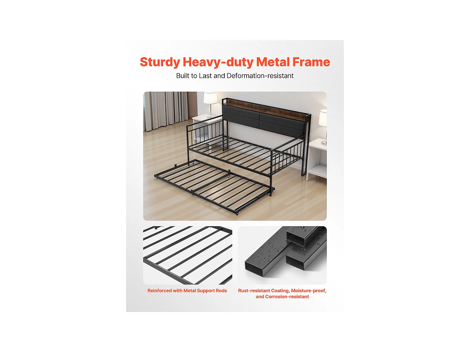 Cadre de Lit SucceBuy de Jour Jumeau en Métal Robuste, Lit Gigogne Jumeau sans Matelas, avec Roues, Station de Charge et Support à Lattes Métalliques