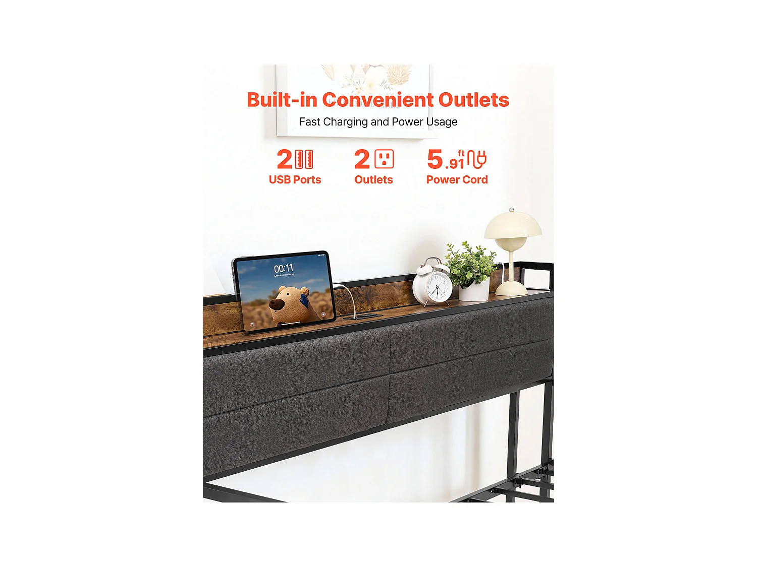 Cadre de Lit SucceBuy de Jour Jumeau en Métal Robuste, Lit Gigogne Jumeau sans Matelas, avec Roues, Station de Charge et Support à Lattes Métalliques