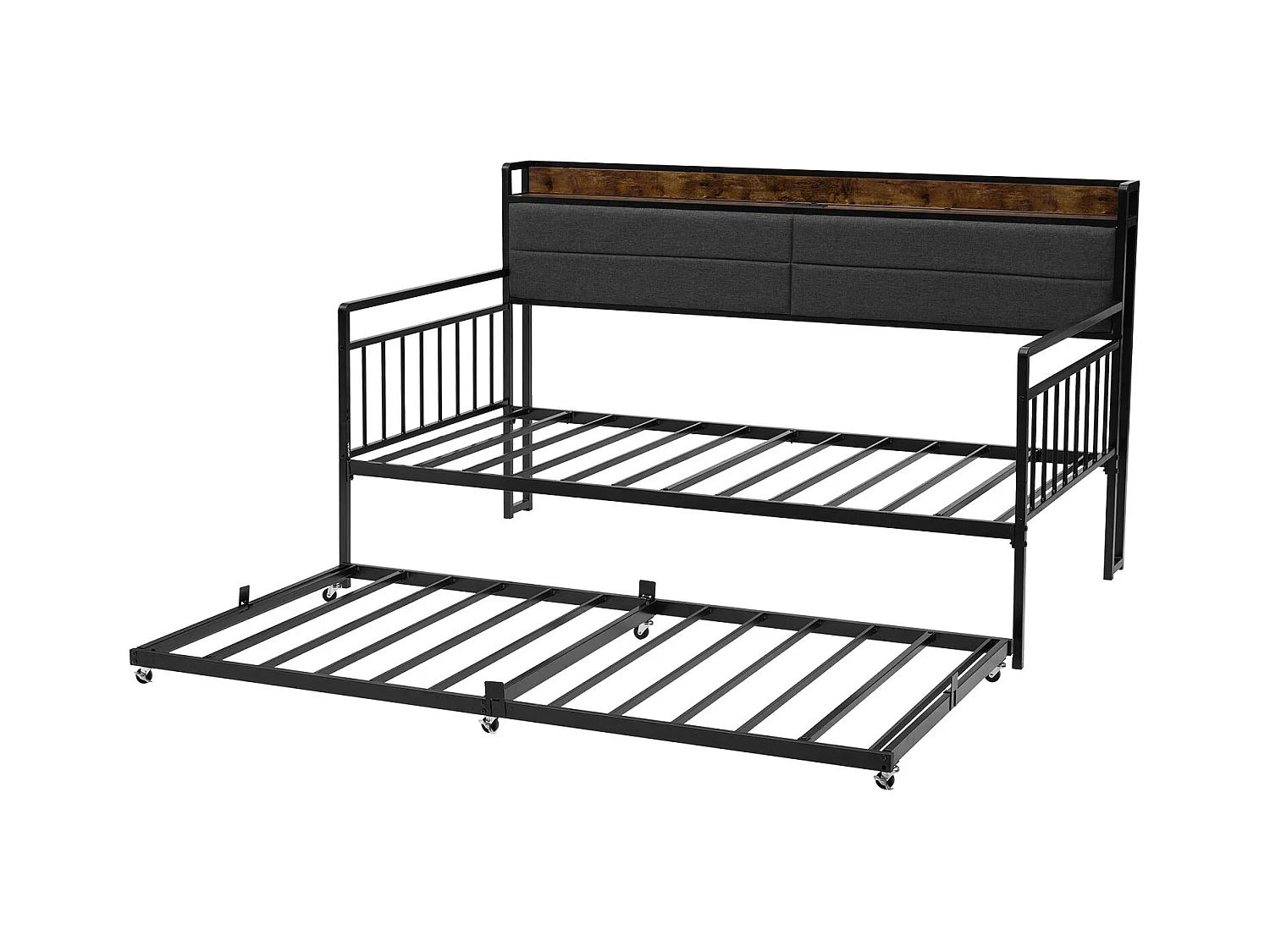 Cadre de Lit SucceBuy de Jour Jumeau en Métal Robuste, Lit Gigogne Jumeau sans Matelas, avec Roues, Station de Charge et Support à Lattes Métalliques