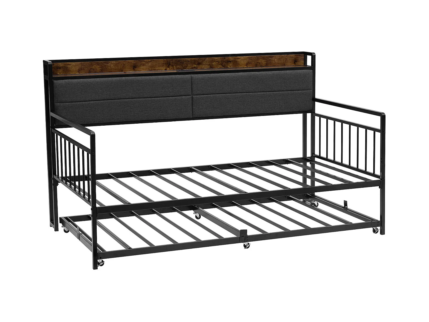 Cadre de Lit SucceBuy de Jour Jumeau en Métal Robuste, Lit Gigogne Jumeau sans Matelas, avec Roues, Station de Charge et Support à Lattes Métalliques