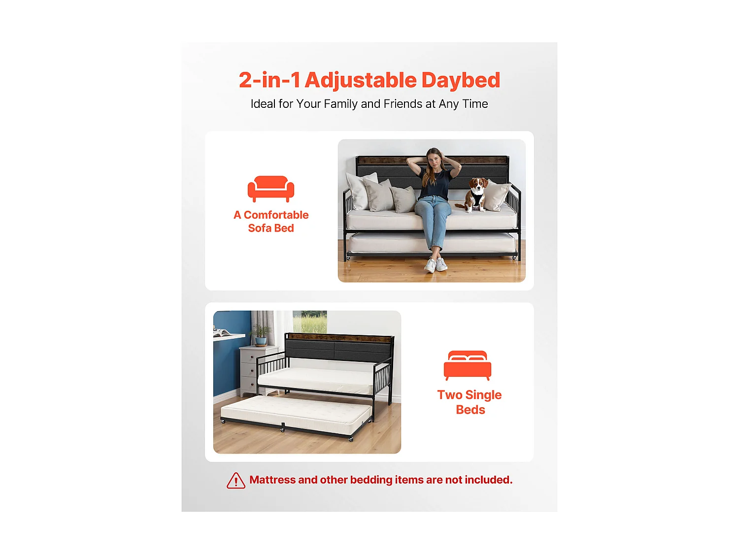 Rama Łóżka SucceBuy Dzień Bliźniak z Wytrzymałego Metalu, Bliźniacze Łóżko Schowkowe bez Materaca, z Kołami, Stacją Ładowania i Stelażem z Metalowych Listew