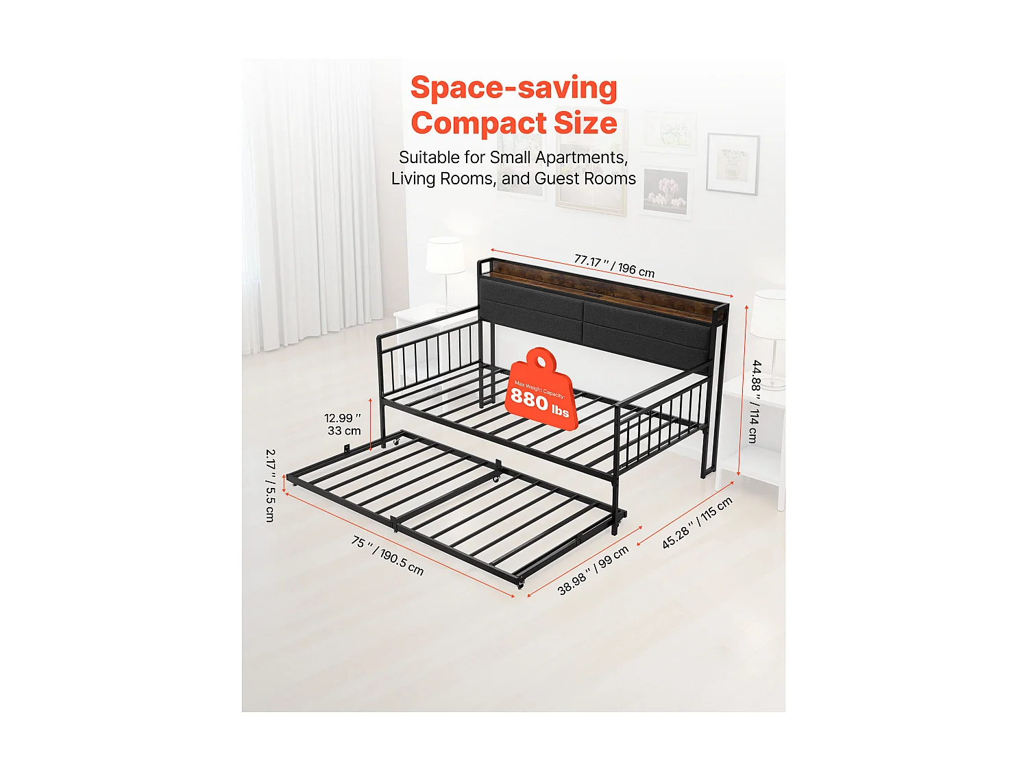 Rama Łóżka SucceBuy Dzień Bliźniak z Wytrzymałego Metalu, Bliźniacze Łóżko Schowkowe bez Materaca, z Kołami, Stacją Ładowania i Stelażem z Metalowych Listew