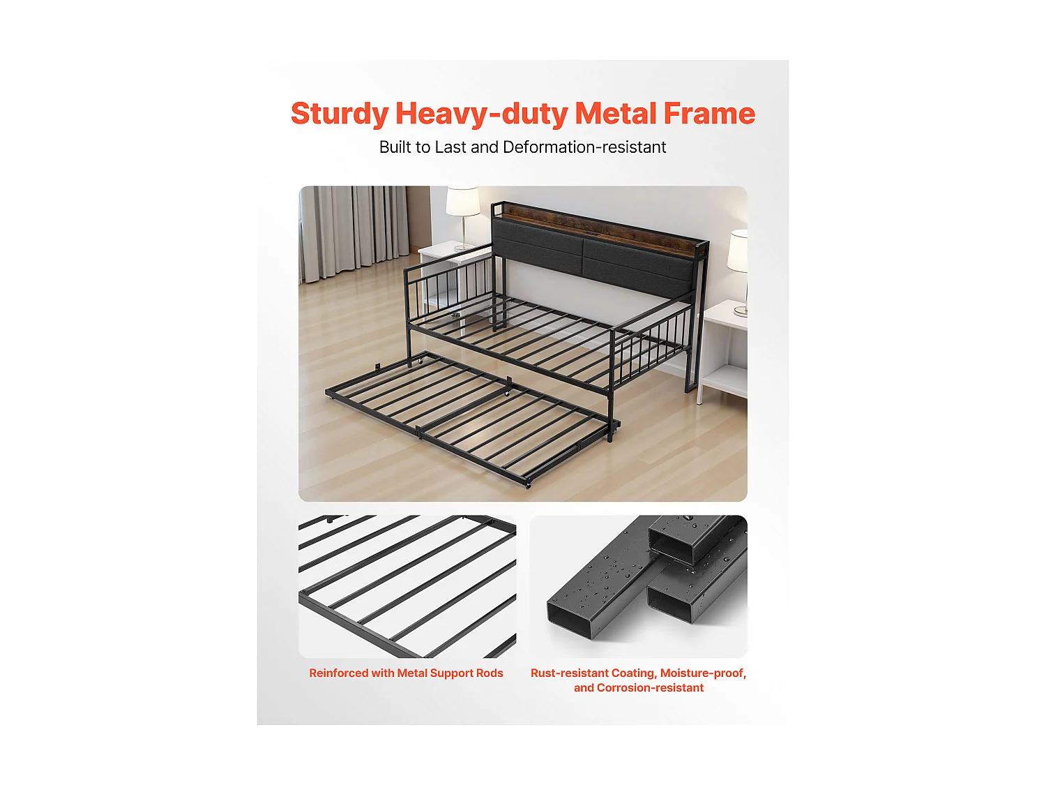 Rama Łóżka SucceBuy Dzień Bliźniak z Wytrzymałego Metalu, Bliźniacze Łóżko Schowkowe bez Materaca, z Kołami, Stacją Ładowania i Stelażem z Metalowych Listew