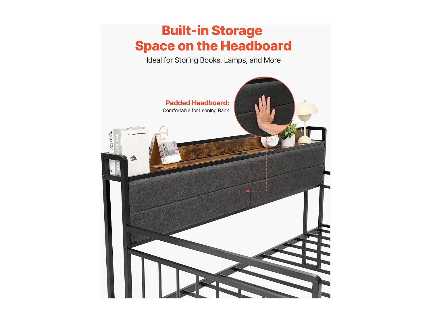 Rama Łóżka SucceBuy Dzień Bliźniak z Wytrzymałego Metalu, Bliźniacze Łóżko Schowkowe bez Materaca, z Kołami, Stacją Ładowania i Stelażem z Metalowych Listew