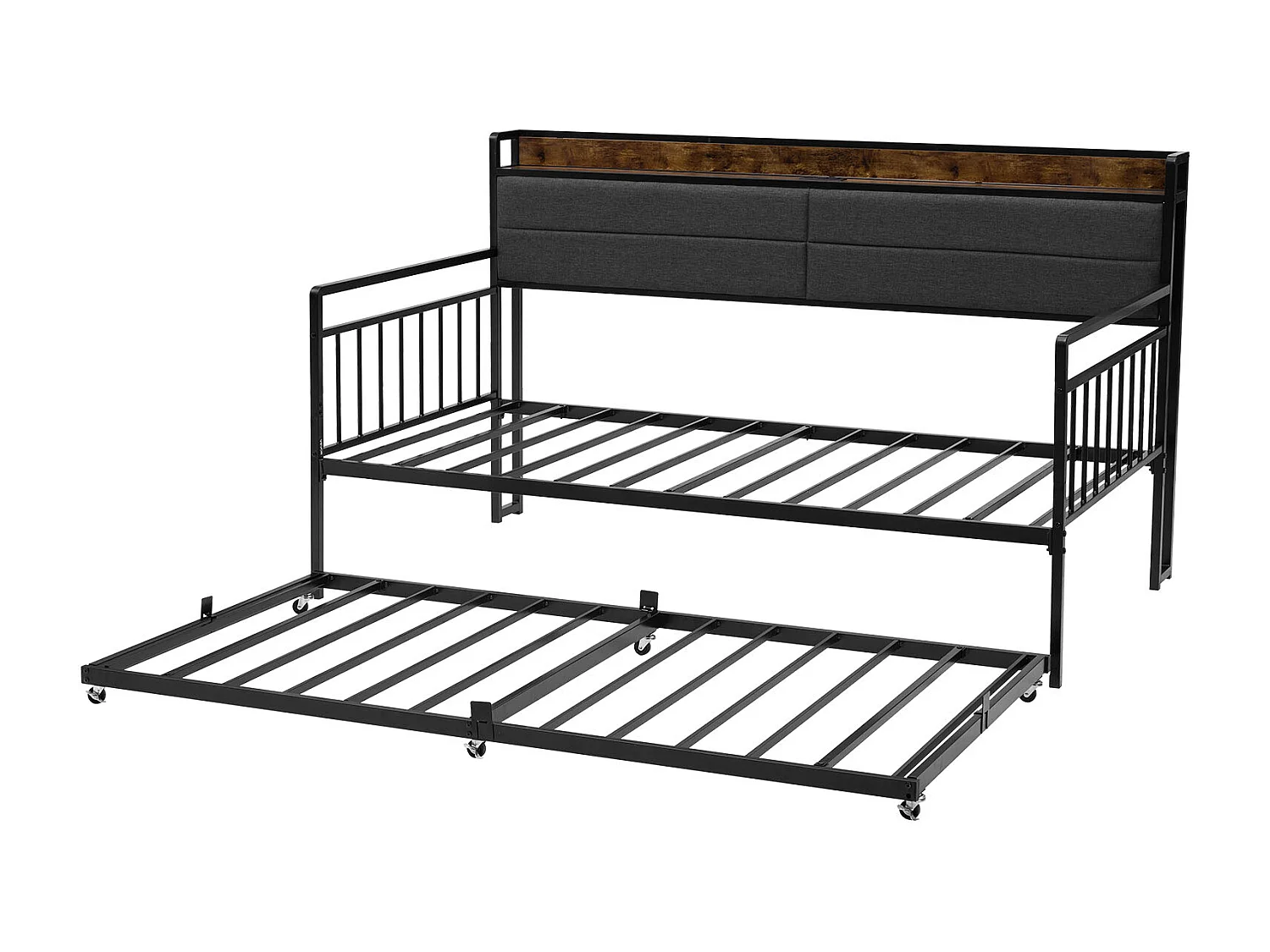 Rama Łóżka SucceBuy Dzień Bliźniak z Wytrzymałego Metalu, Bliźniacze Łóżko Schowkowe bez Materaca, z Kołami, Stacją Ładowania i Stelażem z Metalowych Listew