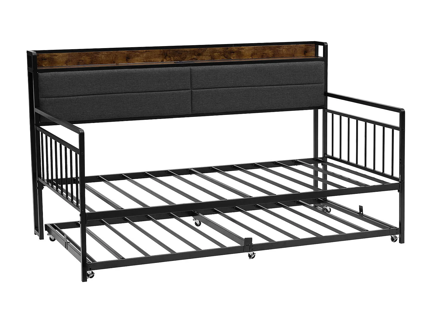 Rama Łóżka SucceBuy Dzień Bliźniak z Wytrzymałego Metalu, Bliźniacze Łóżko Schowkowe bez Materaca, z Kołami, Stacją Ładowania i Stelażem z Metalowych Listew