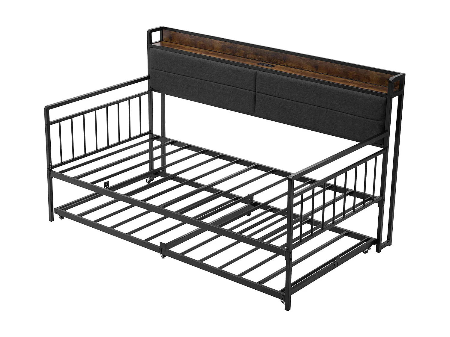 Rama Łóżka SucceBuy Dzień Bliźniak z Wytrzymałego Metalu, Bliźniacze Łóżko Schowkowe bez Materaca, z Kołami, Stacją Ładowania i Stelażem z Metalowych Listew