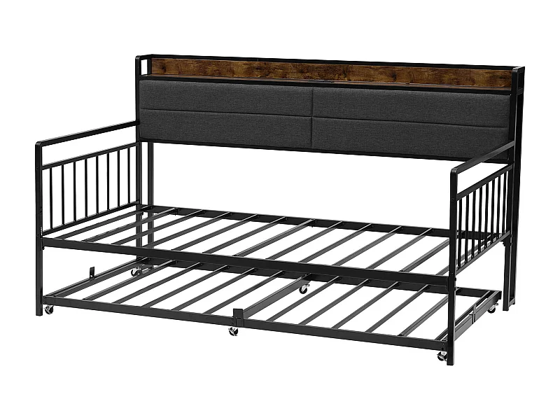 Cadre de Lit SucceBuy de Jour Jumeau en Métal Robuste, Lit Gigogne Jumeau sans Matelas, avec Roues, Station de Charge et Support à Lattes Métalliques