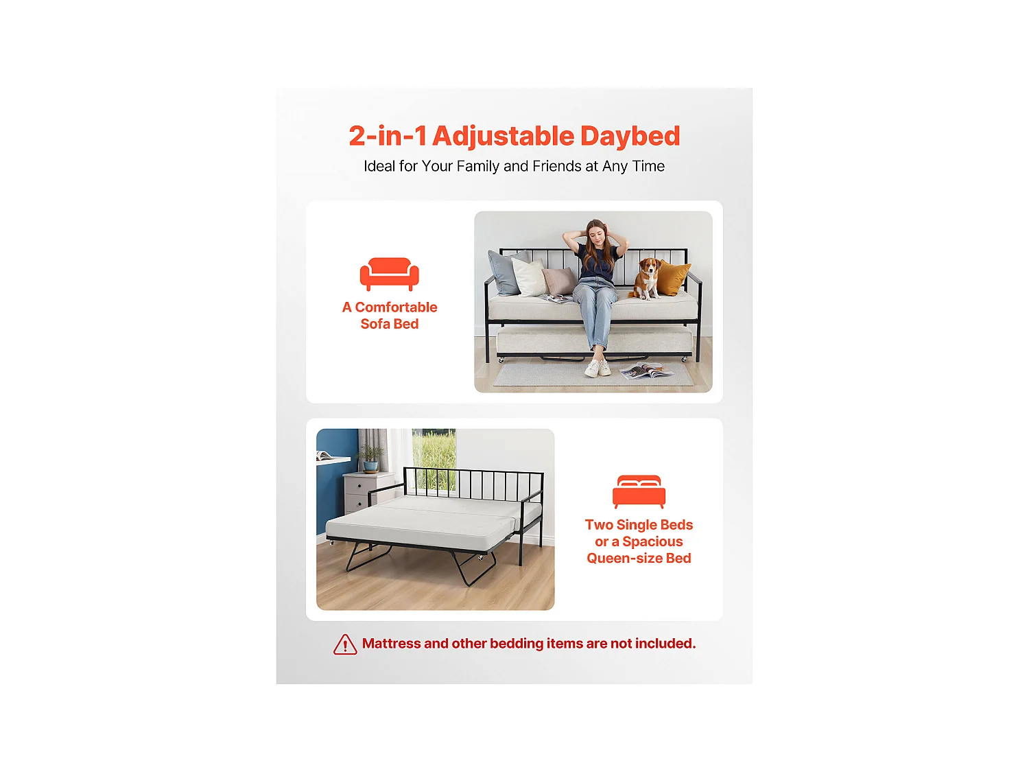 Cadre de Lit SucceBuy de Jour Simple en Métal Robuste, Lit Gigogne Jumeau sans Matelas, Réglable en Hauteur, Facile à Ranger, pour Repos, Salon, Chambre