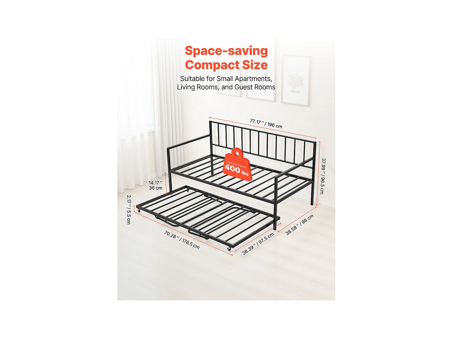 Cadre de Lit SucceBuy de Jour Simple en Métal Robuste, Lit Gigogne Jumeau sans Matelas, Réglable en Hauteur, Facile à Ranger, pour Repos, Salon, Chambre