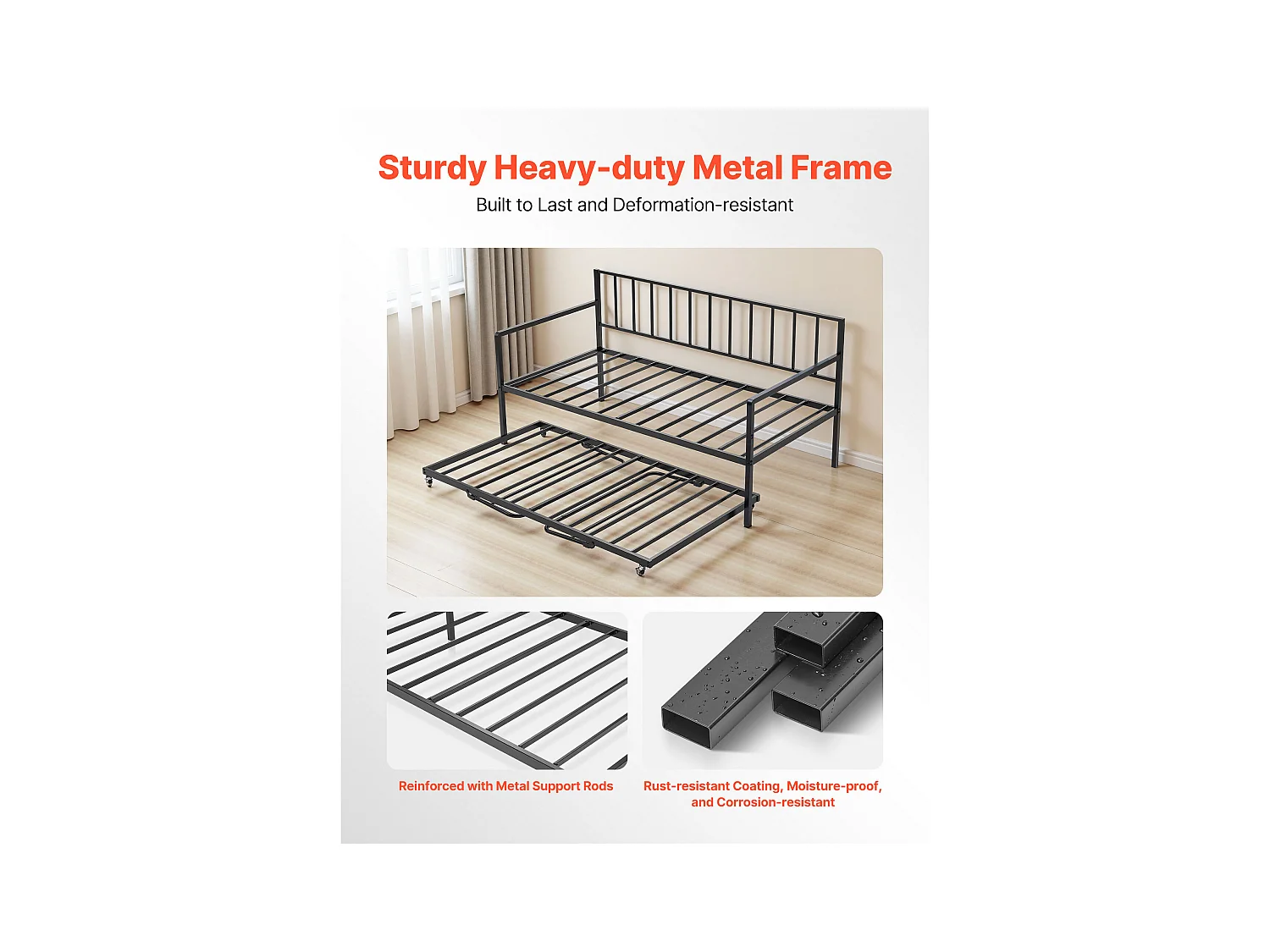 Cadre de Lit SucceBuy de Jour Simple en Métal Robuste, Lit Gigogne Jumeau sans Matelas, Réglable en Hauteur, Facile à Ranger, pour Repos, Salon, Chambre