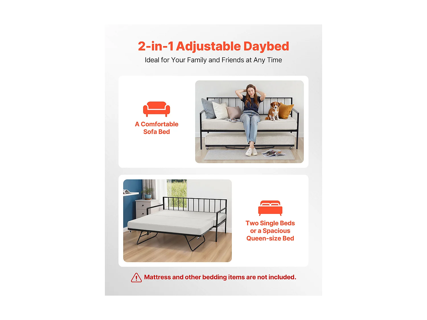 Cadre de Lit SucceBuy de Jour Simple en Métal Robuste, Lit Gigogne Jumeau sans Matelas, Réglable en Hauteur, Facile à Ranger, pour Repos, Salon, Chambre