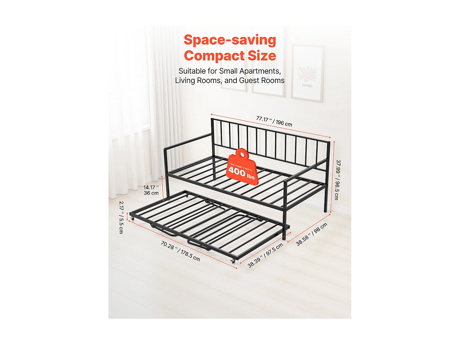 Cadre de Lit SucceBuy de Jour Simple en Métal Robuste, Lit Gigogne Jumeau sans Matelas, Réglable en Hauteur, Facile à Ranger, pour Repos, Salon, Chambre