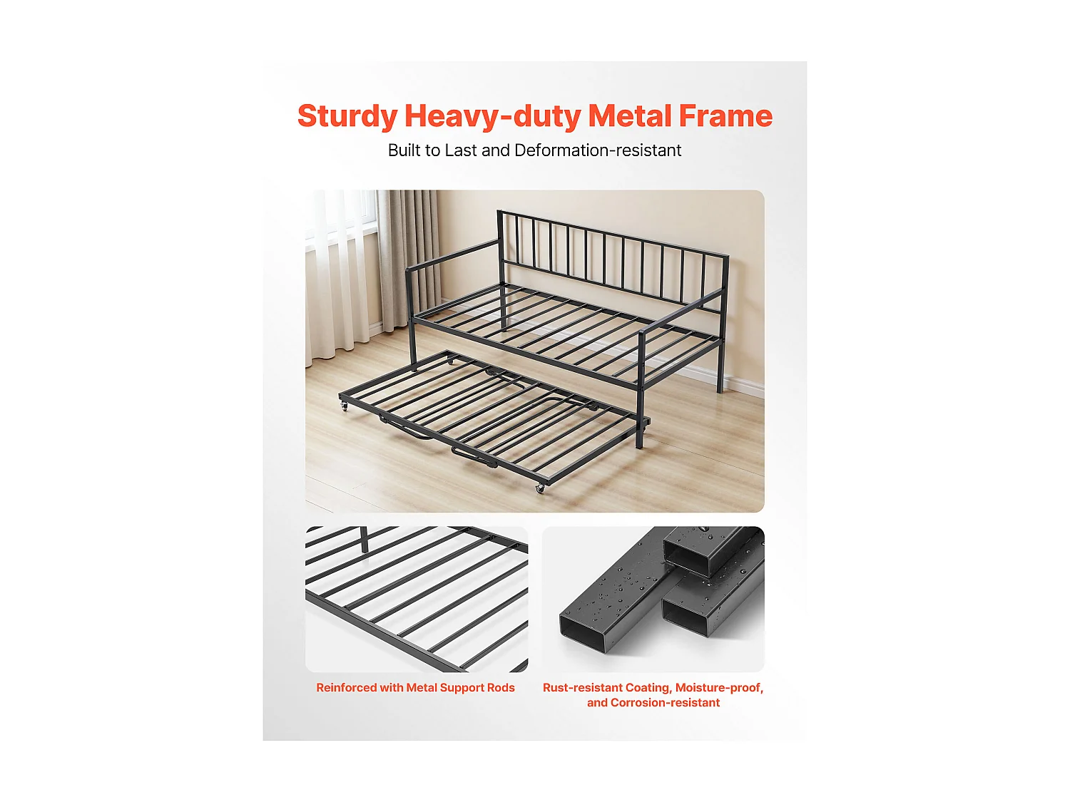 Cadre de Lit SucceBuy de Jour Simple en Métal Robuste, Lit Gigogne Jumeau sans Matelas, Réglable en Hauteur, Facile à Ranger, pour Repos, Salon, Chambre